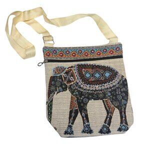 Boho Canvas Crossbody Bag | Embroidered Elephant Pattern | Bohemian Style